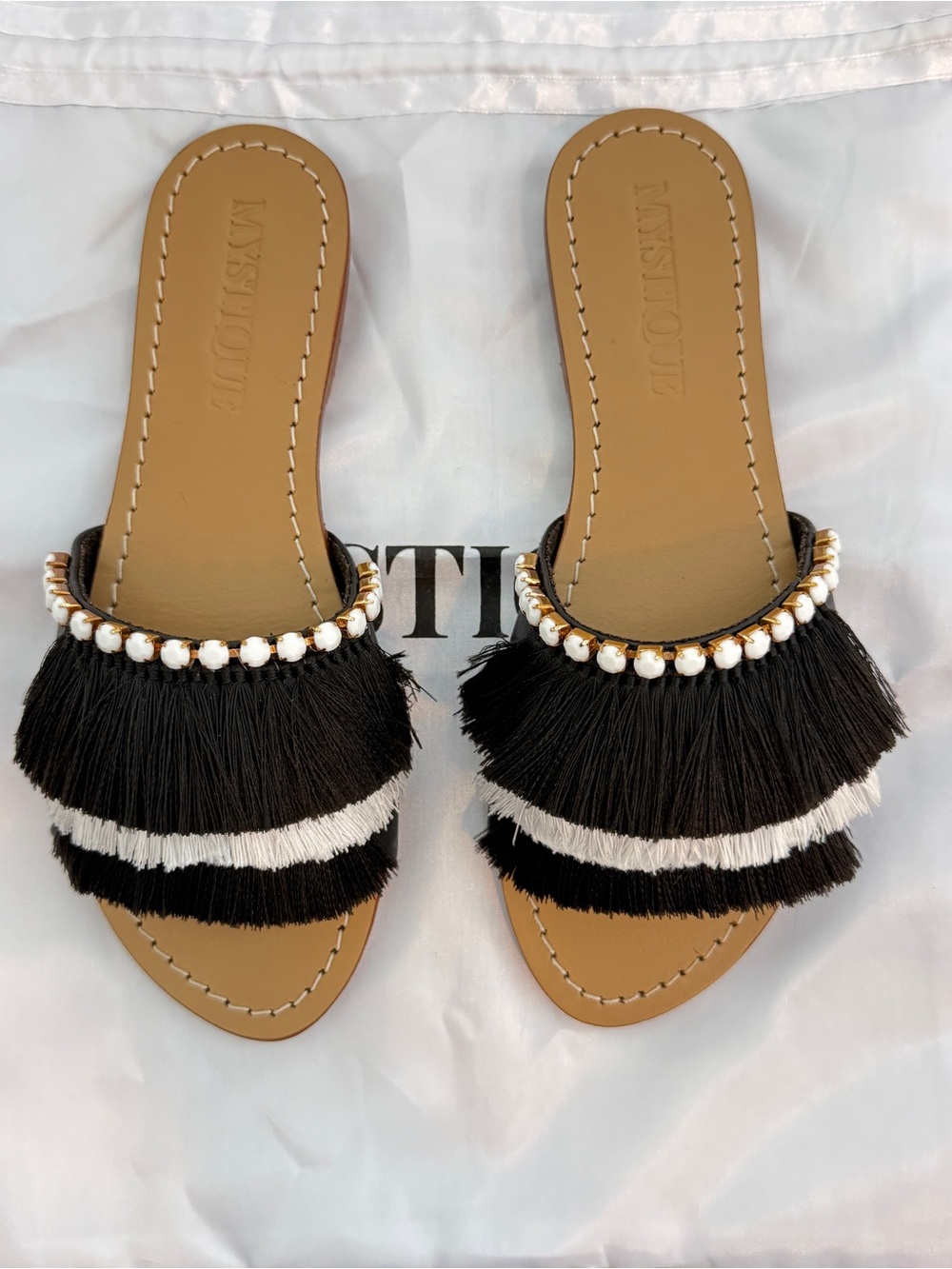 Mystique Boutique Black and White Fringe Beaded Slide Sandals